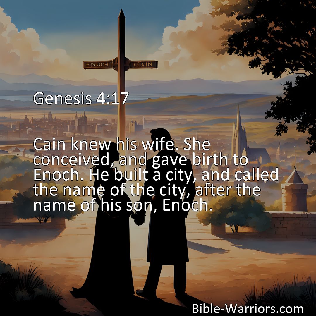 Freely Shareable Bible Verse Image Genesis 4:17 Cain knew his wife. She conceived, and gave birth to Enoch. He built a city, and called the name of the city, after the name of his son, Enoch.>