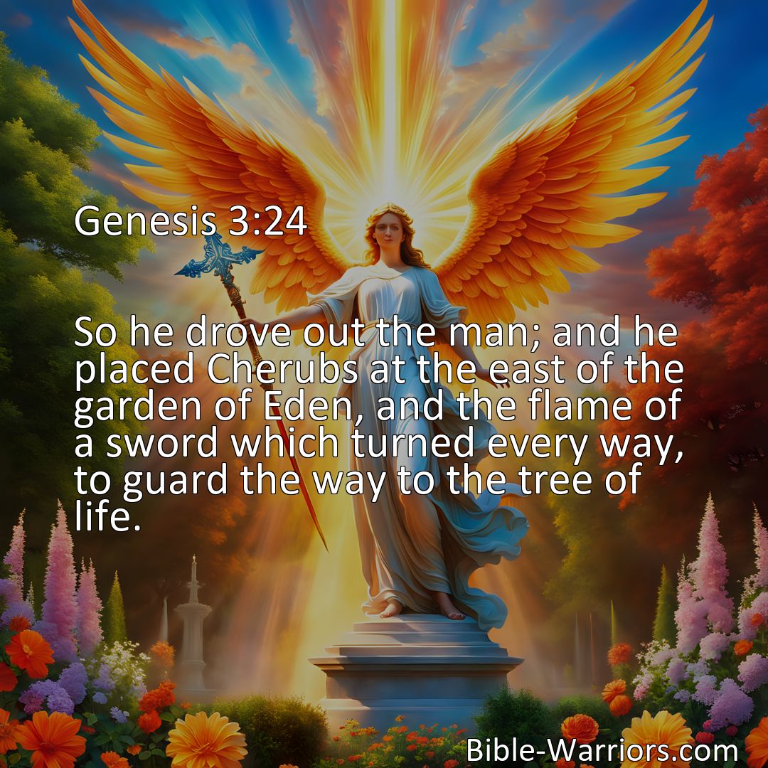 Freely Shareable Bible Verse Image Genesis 3:24 So he drove out the man; and he placed Cherubs at the east of the garden of Eden, and the flame of a sword which turned every way, to guard the way to the tree of life.>