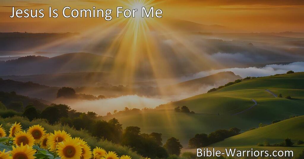 Experience the anticipation and joy of Jesus' imminent return in the hymn "Jesus Is Coming For Me." Explore the significance and hope it holds for believers as we eagerly await His glorious coming. Jesus Is Coming For Me.