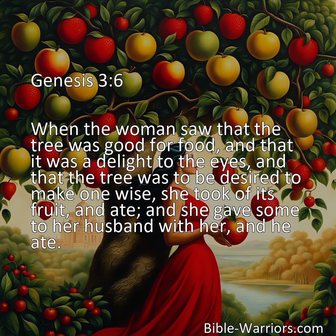Freely Shareable Bible Verse Image Genesis 3:6 When the woman saw that the tree was good for food, and that it was a delight to the eyes, and that the tree was to be desired to make one wise, she took of its fruit, and ate; and she gave some to her husband with her, and he ate.>