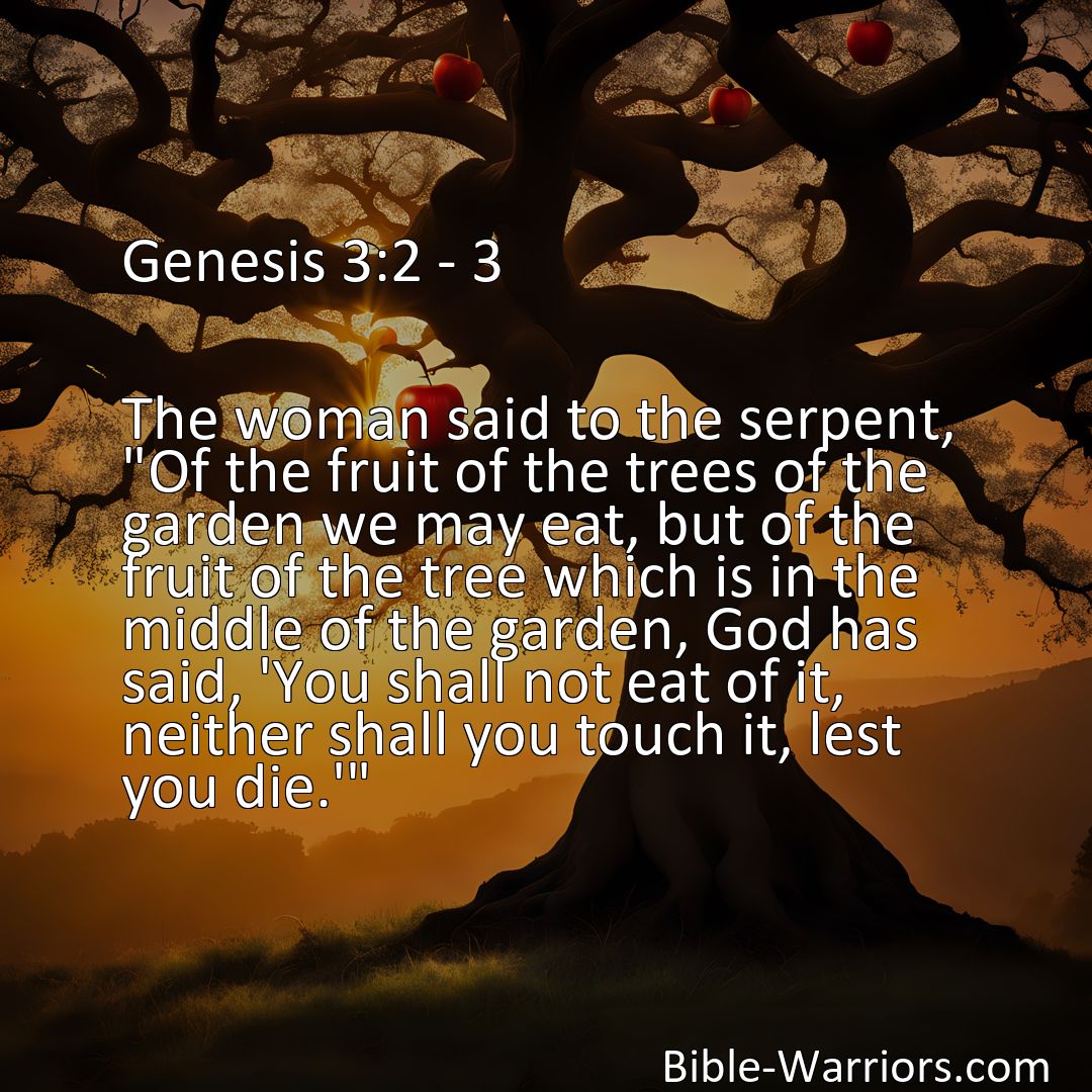 Freely Shareable Bible Verse Image Genesis 3:2 - 3 The woman said to the serpent, Of the fruit of the trees of the garden we may eat, but of the fruit of the tree which is in the middle of the garden, God has said, 'You shall not eat of it, neither shall you touch it, lest you die.'>