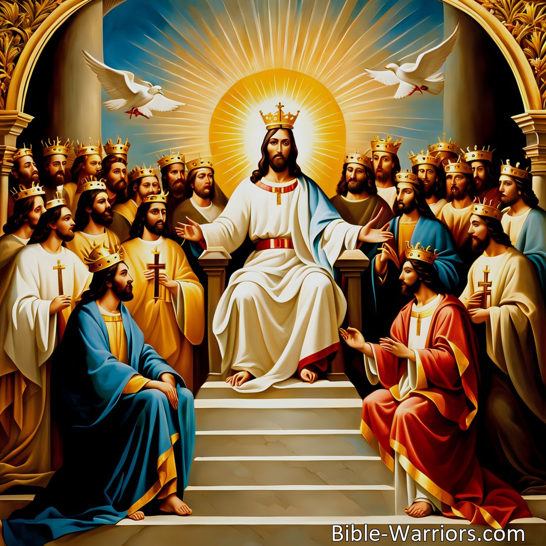 Freely Shareable Hymn Inspired Image Enthroned Is Jesus Now: A Heavenly Celebration of the Savior's Reign. Jesus sits upon His celestial throne, surrounded by saints in awe. They sing praise to the Lamb of God and wear their heavenly crowns. The Holy Ghost's grace guides us to join this radiant host in the sky.