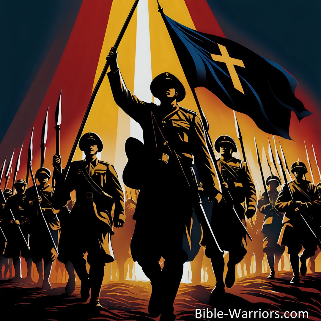 Freely Shareable Hymn Inspired Image Soldiers of Jesus, face the foe bravely! Take up the flag for victory through Jesus. Find courage, loyalty, and joy in serving our Savior. Stay steadfast and honor those who came before. Raise high the flag and march forward with determination.