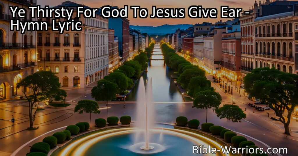 Are you thirsty for God? Listen to Jesus and accept salvation by grace. Quench your spiritual thirst and receive blessings from above. Drink in His Spirit and be transformed. Find true satisfaction in Jesus Christ.