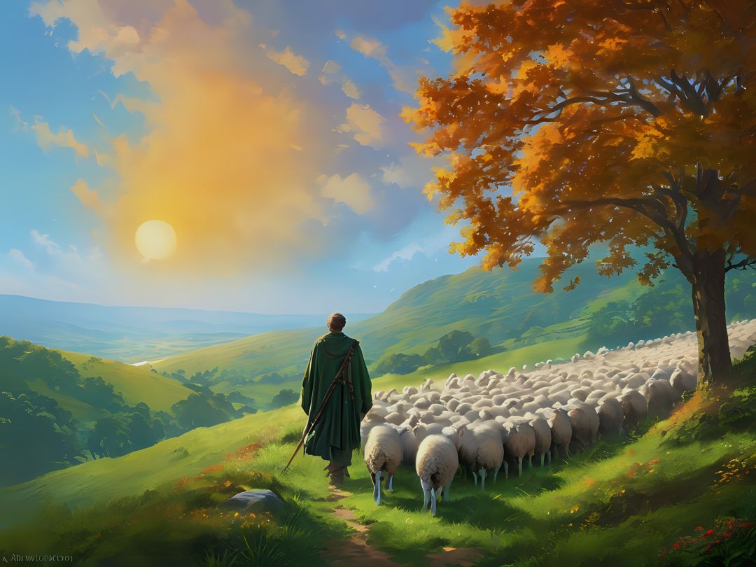 Freely Shareable Hymn Inspired Image Experience the comforting presence of Jesus, our Shepherd, guiding us with his gentle voice. Follow him to rest and salvation, knowing he loves us deeply.