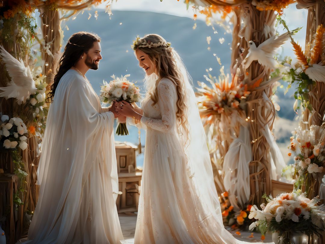 Freely Shareable Hymn Inspired Image Celebrate the union of two hearts with a wedding prayer. Bless the couple with God's grace and love as they embark on this journey together. Amen.