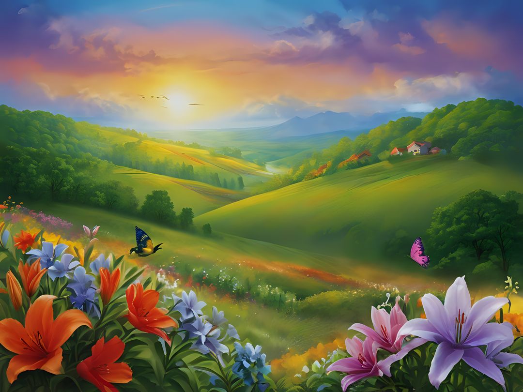 Freely Shareable Hymn Inspired Image Experience the beauty of God's love through blooming flowers and singing birds. Serve Him with love and kindness, just like nature does. Find Heaven on Earth.